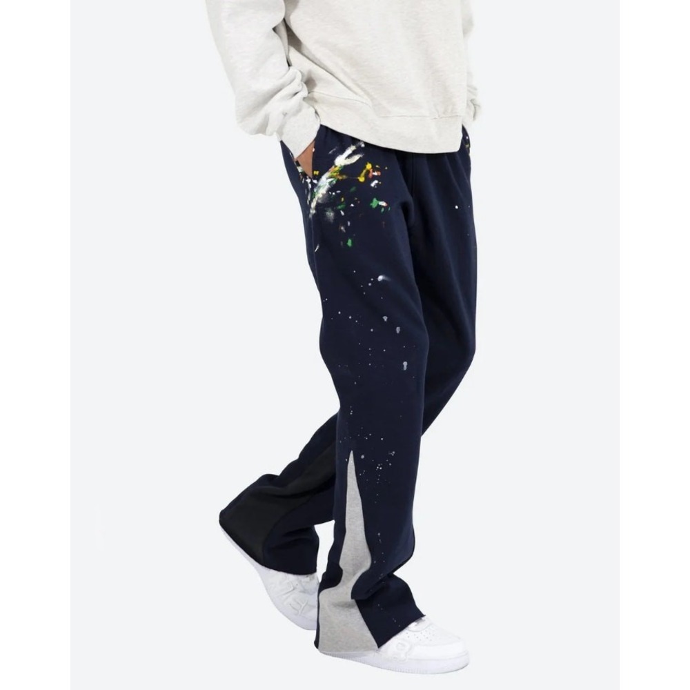 MNML Sweatpants Mens Medium Navy Blue Contrast Boot‎ Cut Paint Splatter Relaxed
